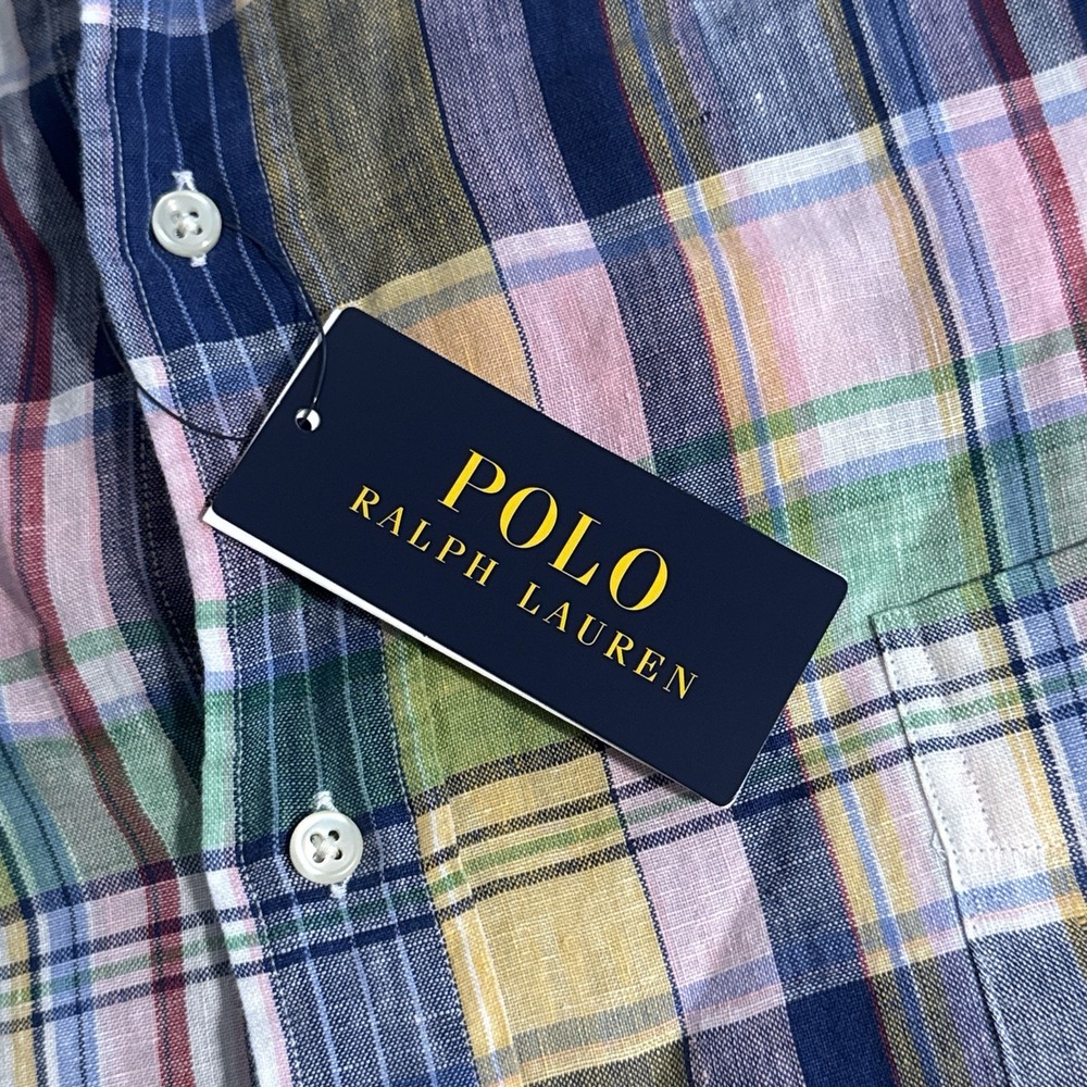 Polo Ralph Lauren Men's 4XLT 100% Linen Navy Pink Plaid Long Sleeve Shirt TALL